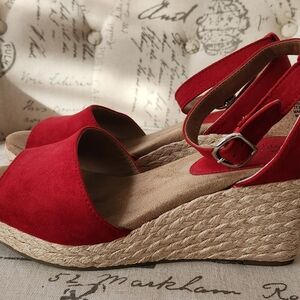 Red Suede Wedge Espadrille Sandals